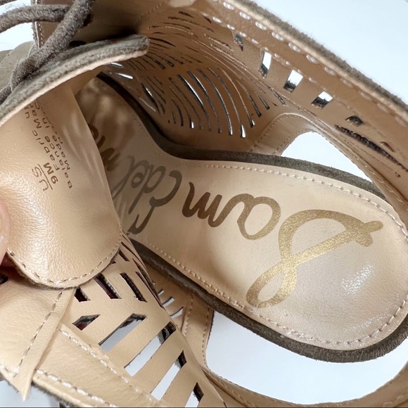 Sam Edelman Rocco Lace Up Heel Sandals Taupe Laser Cut Faux Suede Booties - Picture 9 of 10